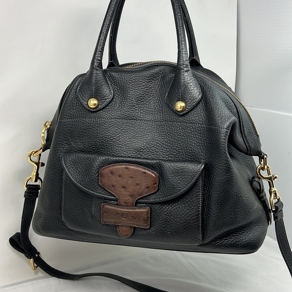LOEWE Large Black Leather Brown Ostrich-Trimmed May 36 Bag w/Shoulder Strap - Picture 1 of 16